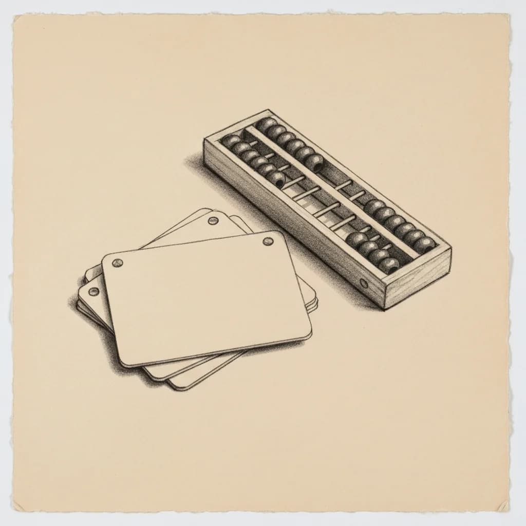 Charcoal drawing of a small stack of blank index cards beside a wooden abacus