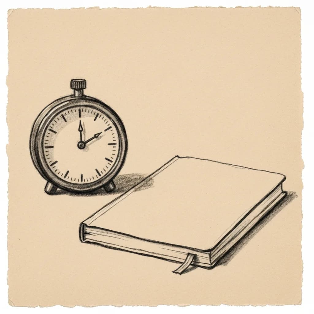 Charcoal drawing of a small analog timer beside a closed notebook