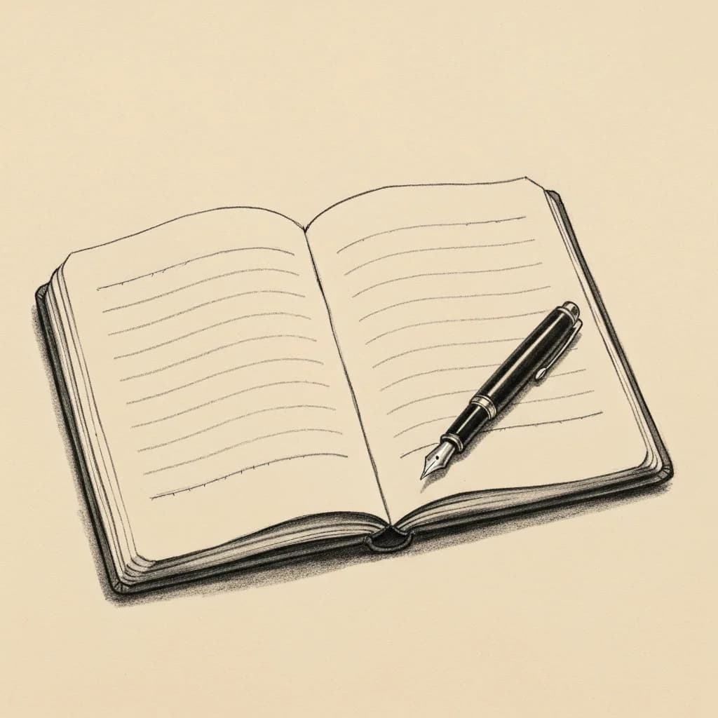 Charcoal drawing of an open notebook with a fountain pen resting across a blank ruled page