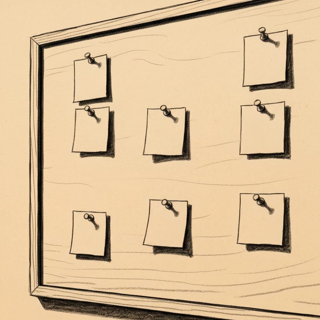 Charcoal drawing of blank paper squares pinned to a wooden bulletin board, casting soft shadows