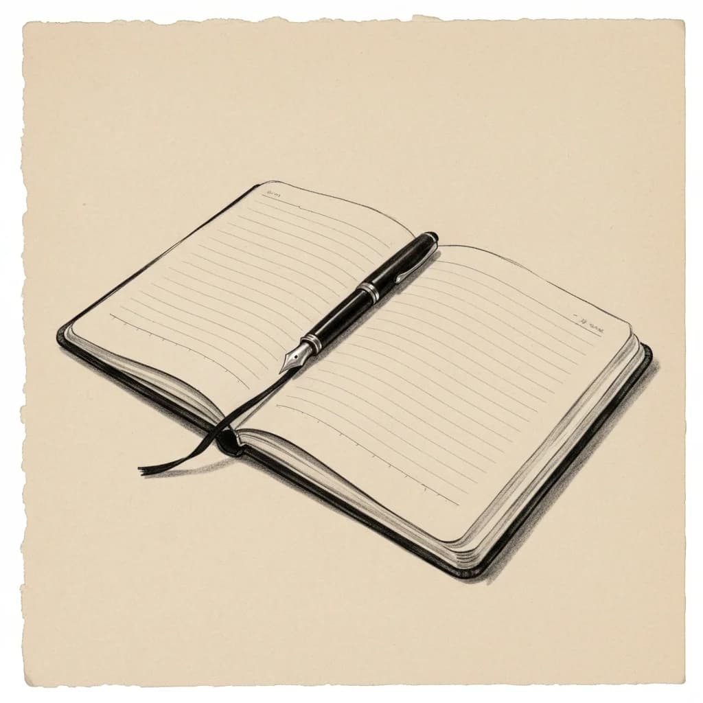 Charcoal drawing of an open blank notebook with a fountain pen resting across an empty ruled page