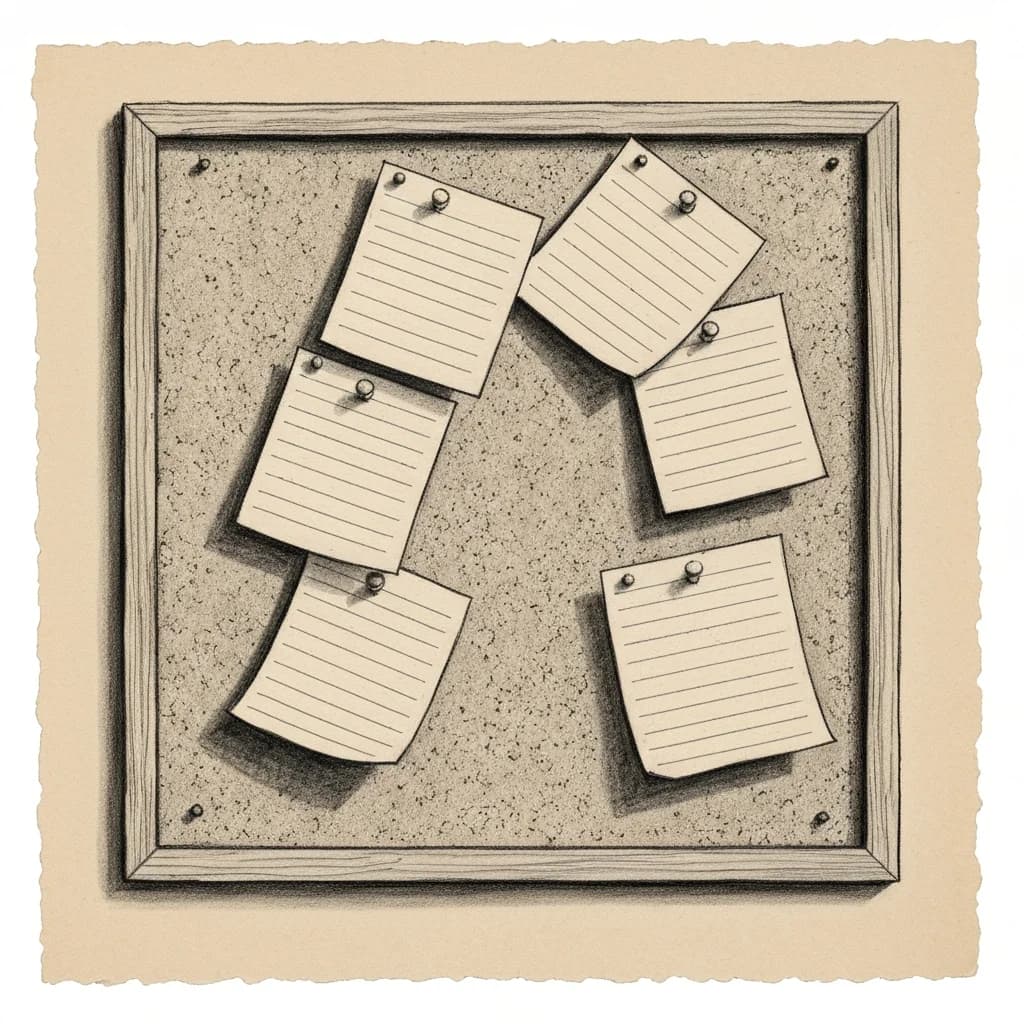 Charcoal drawing of a cork bulletin board covered in overlapping blank paper notes held by pins