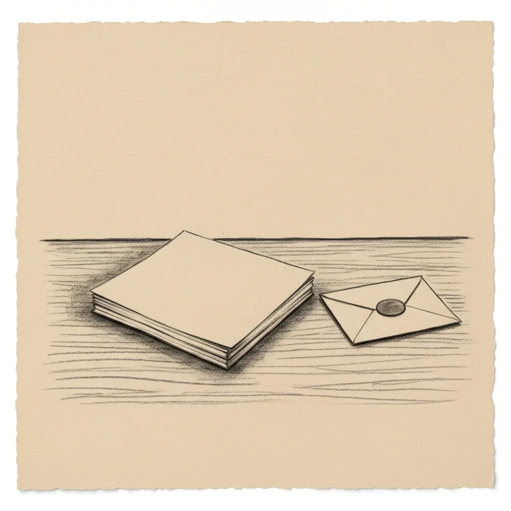 Charcoal drawing of a small stack of blank documents beside a sealed envelope on a wooden desk
