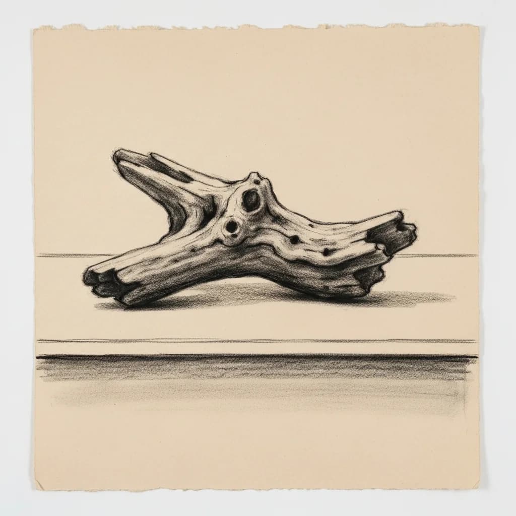 Charcoal drawing of a single piece of driftwood on a flat surface
