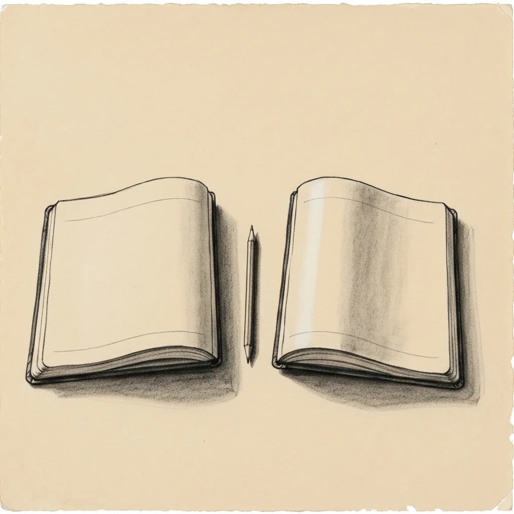 Charcoal drawing of two open notebooks with blank pages and a pencil resting between them