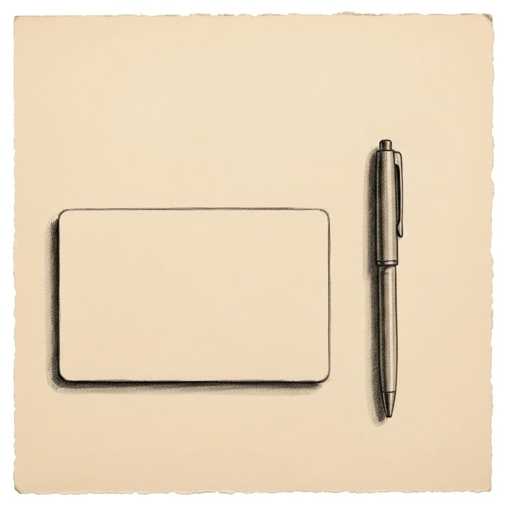 Charcoal drawing of a blank index card lying flat beside a capped pen