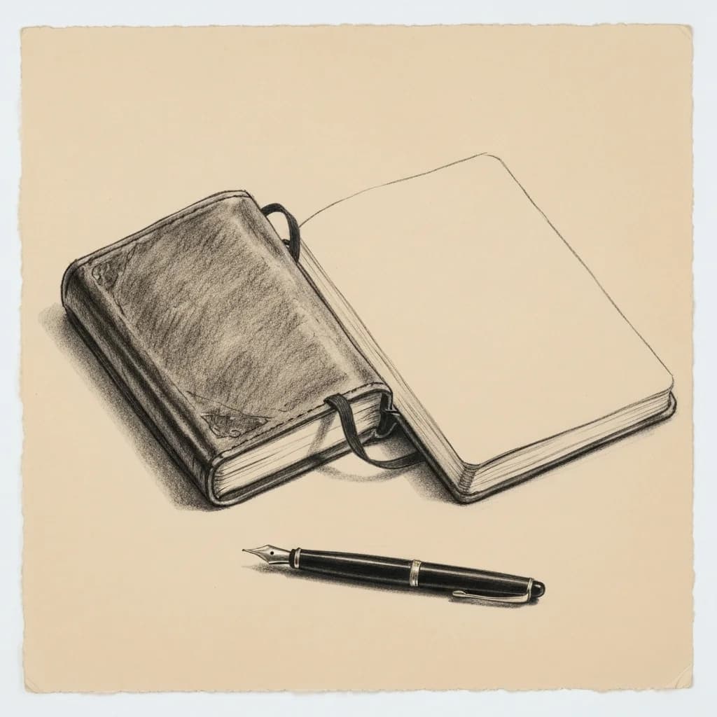 Charcoal drawing of an open leather notebook beside a fountain pen