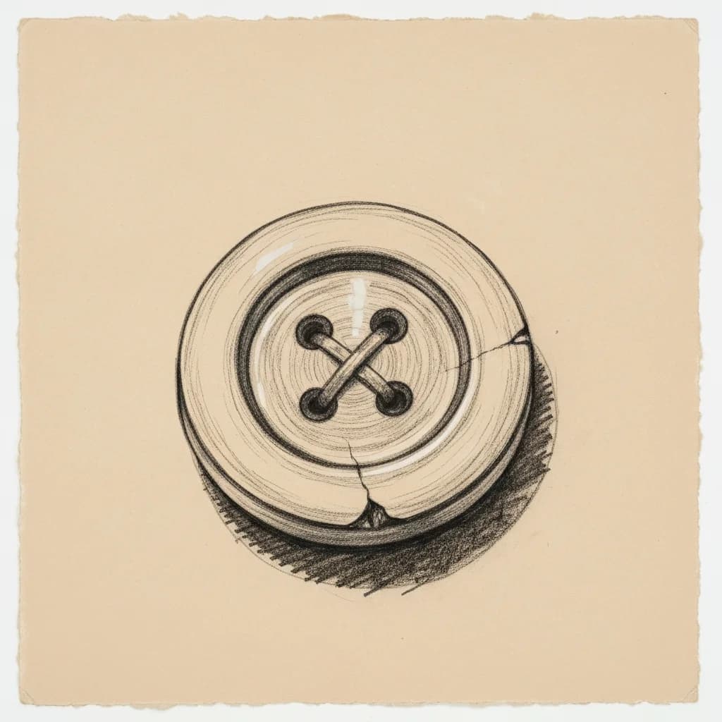 Charcoal drawing of a single worn button viewed from above
