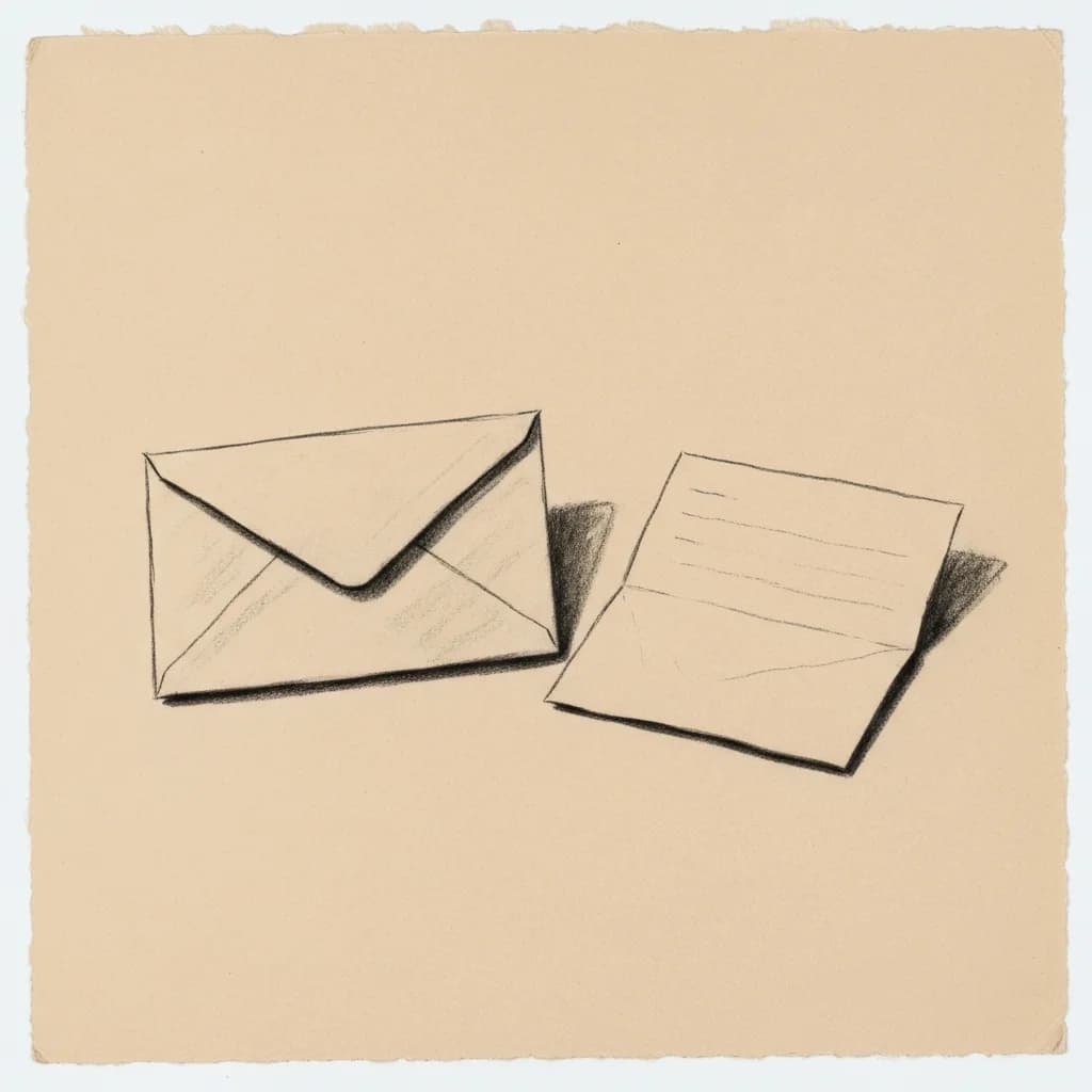 Charcoal drawing of an unsealed envelope beside a folded blank letter on a flat surface