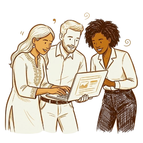 Three colleagues looking at laptop together